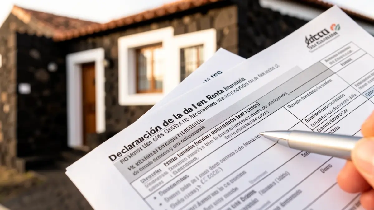 Formulario de la Declaración de la Renta con énfasis en deducciones hipotecarias y fachada de una casa canaria.