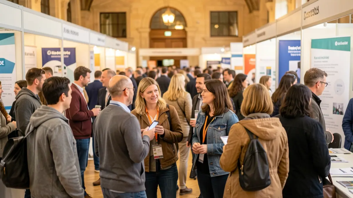 Imagen genérica de una feria de empleo con personas interactuando.