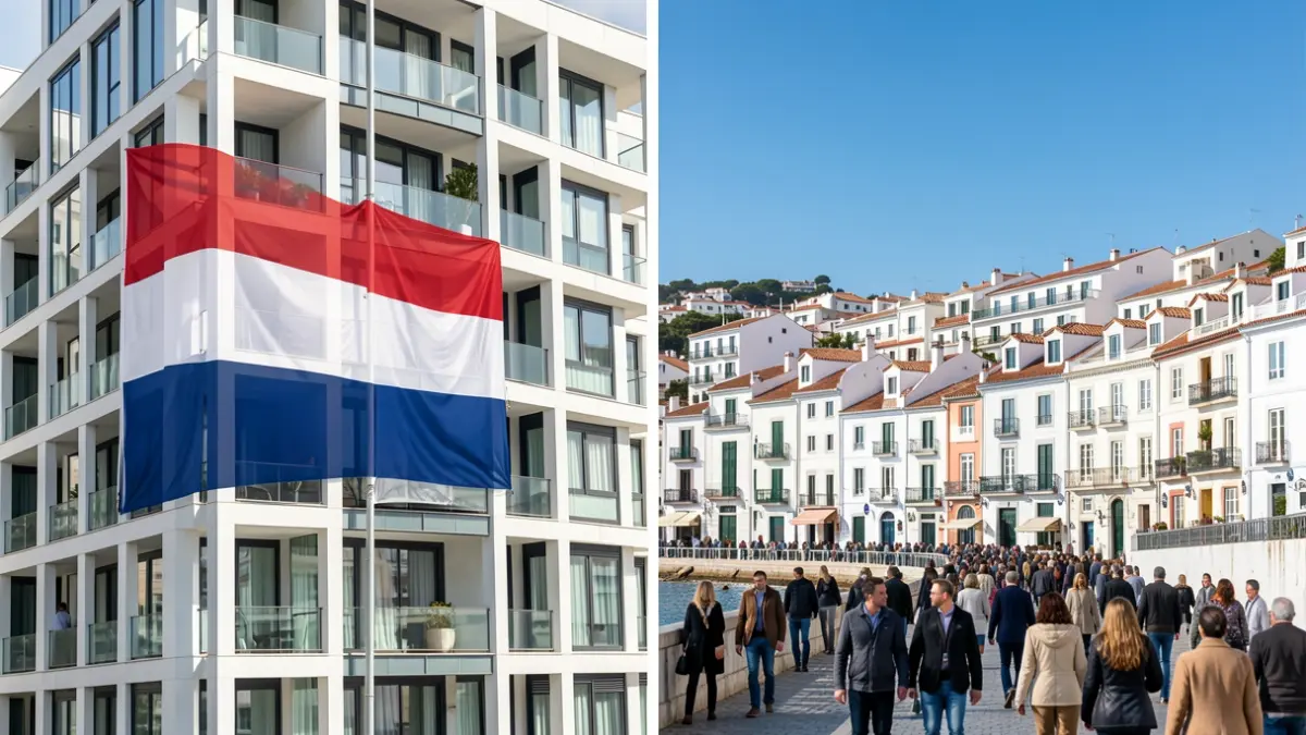 Imagen que representa la influencia de compradores holandeses en el mercado inmobiliario español, con elementos de ambas culturas.