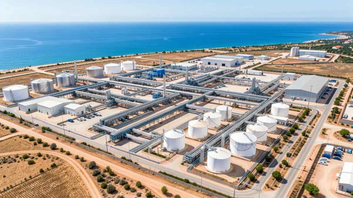 Aerial view of an industrial complex on the Andalusian coast with the sea in the background.