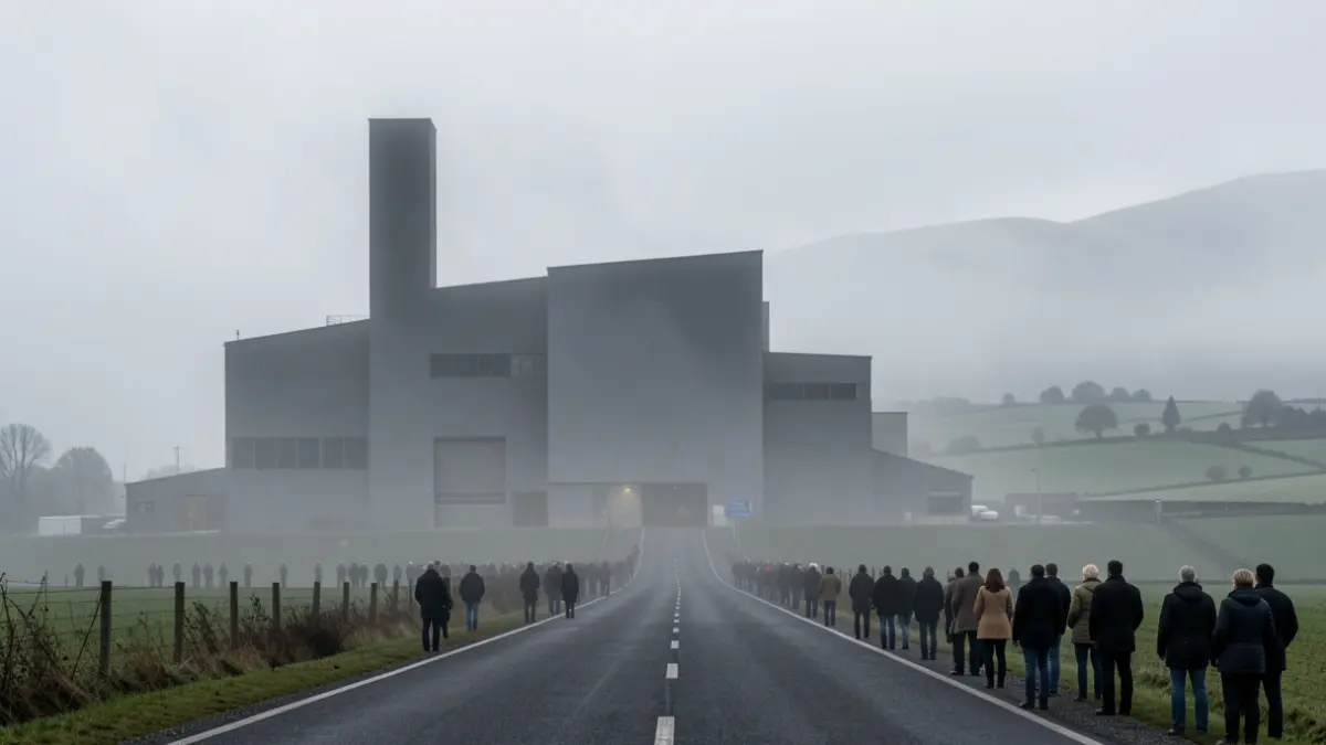 Imagen genérica de un proyecto industrial perdido, con una silueta de fábrica en la niebla y una carretera que se aleja.