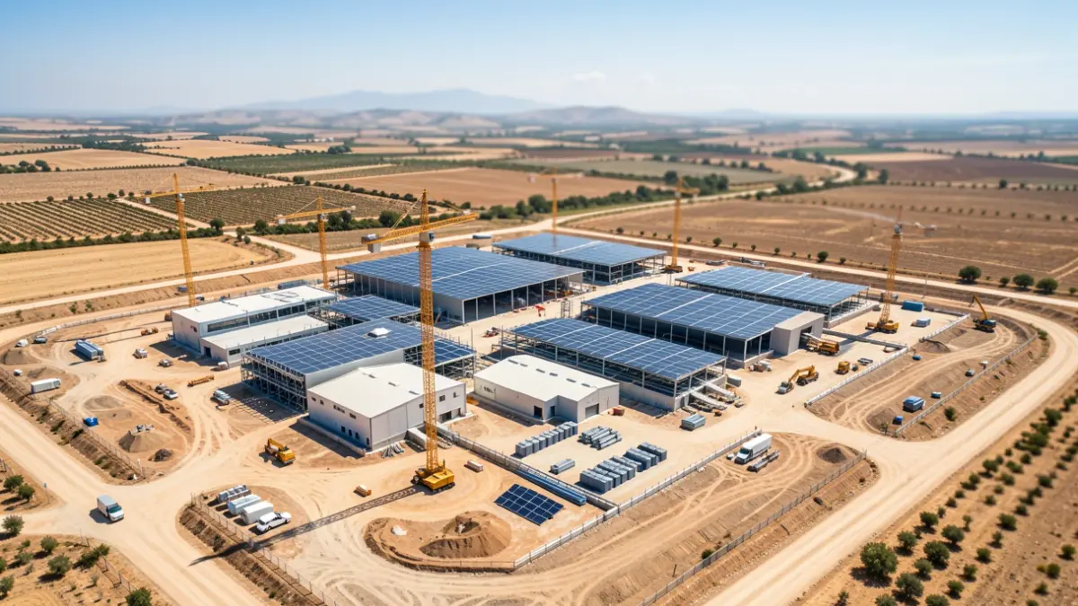 Aerial view of an industrial complex under construction in Andalusia.