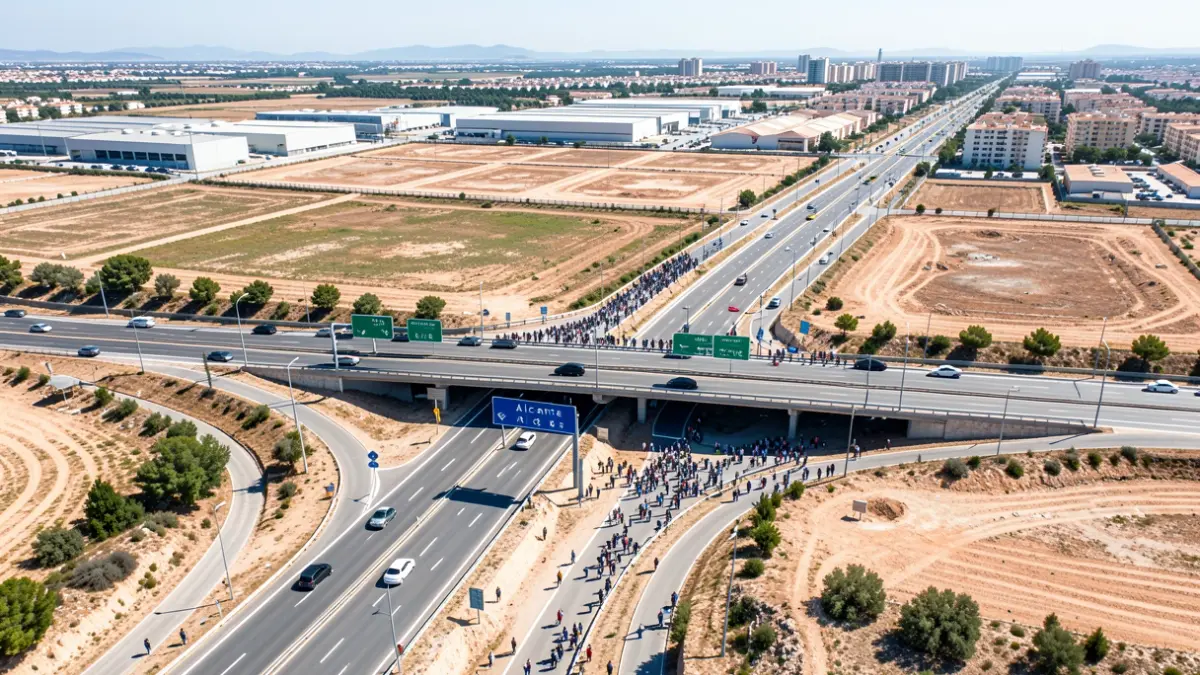 Imagen genérica de un nudo de carreteras conectando dos municipios con terrenos para desarrollo industrial.