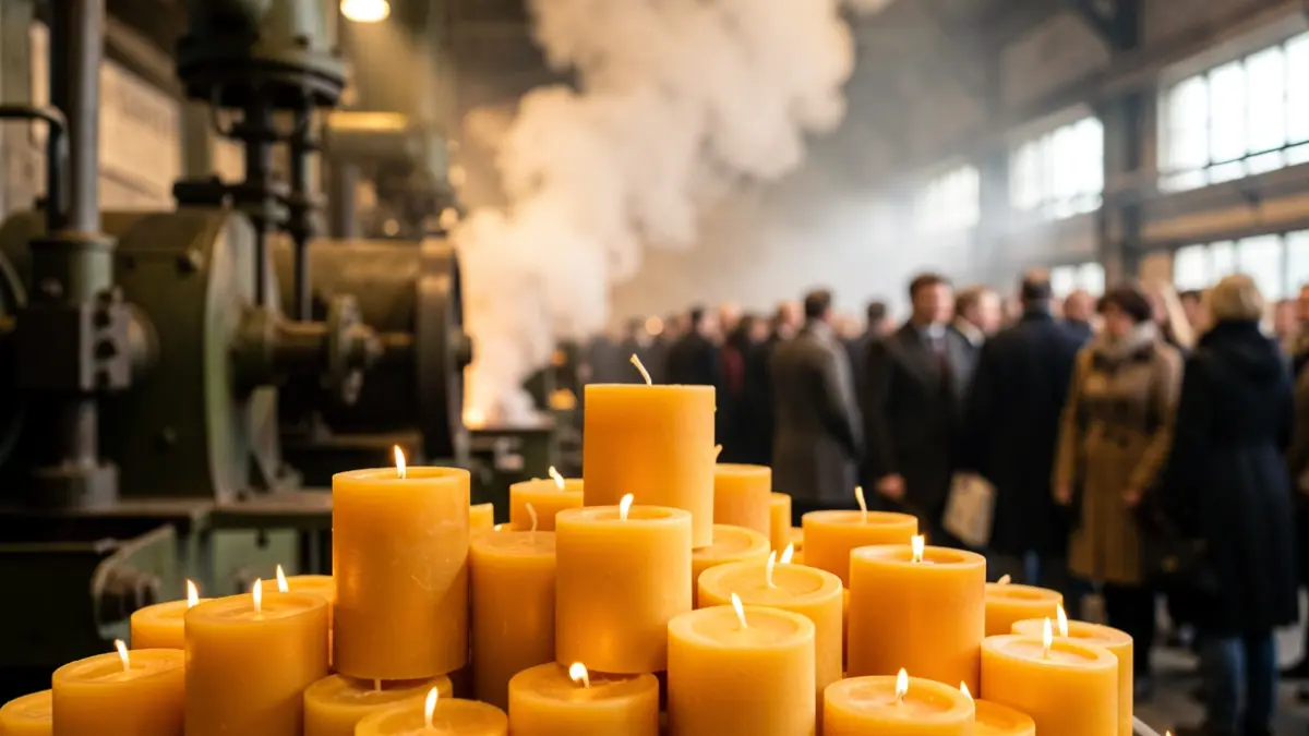 Image of wax candles with industrial machinery and smoke in the background.