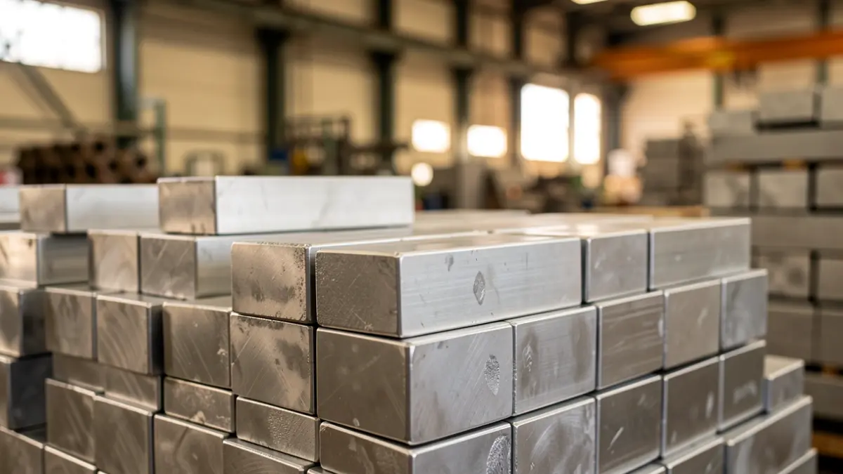 Imagen genérica de lingotes de aluminio en un entorno industrial.