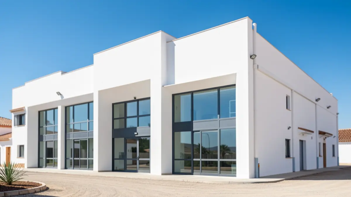 Facade of a modern industrial building in Andalusia.