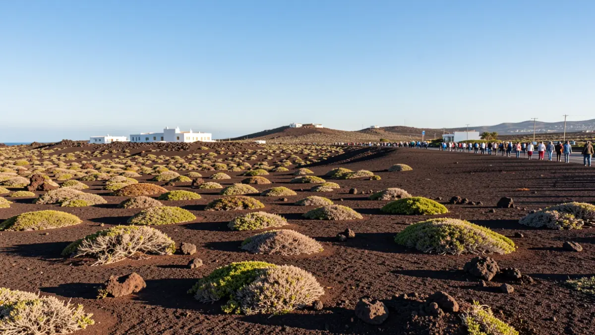 Imagen genérica de un paisaje volcánico de Lanzarote con edificios dispersos.