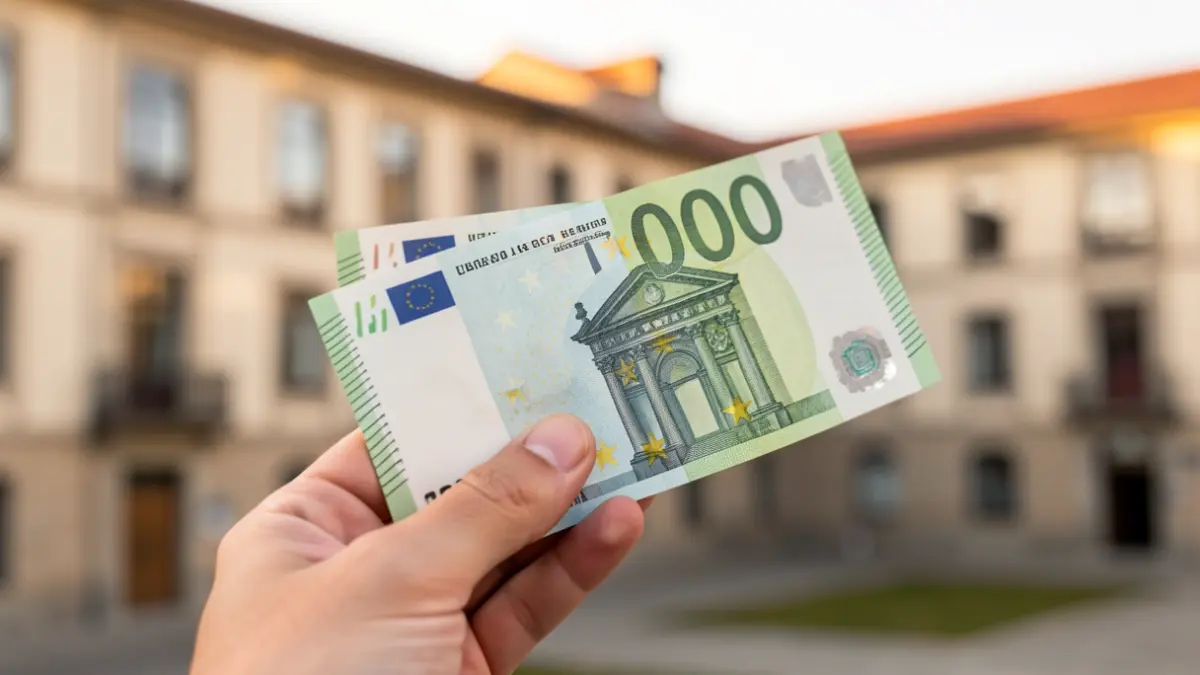 Primer plano de una mano sosteniendo un billete de 10.000 euros, con edificios educativos borrosos al fondo.