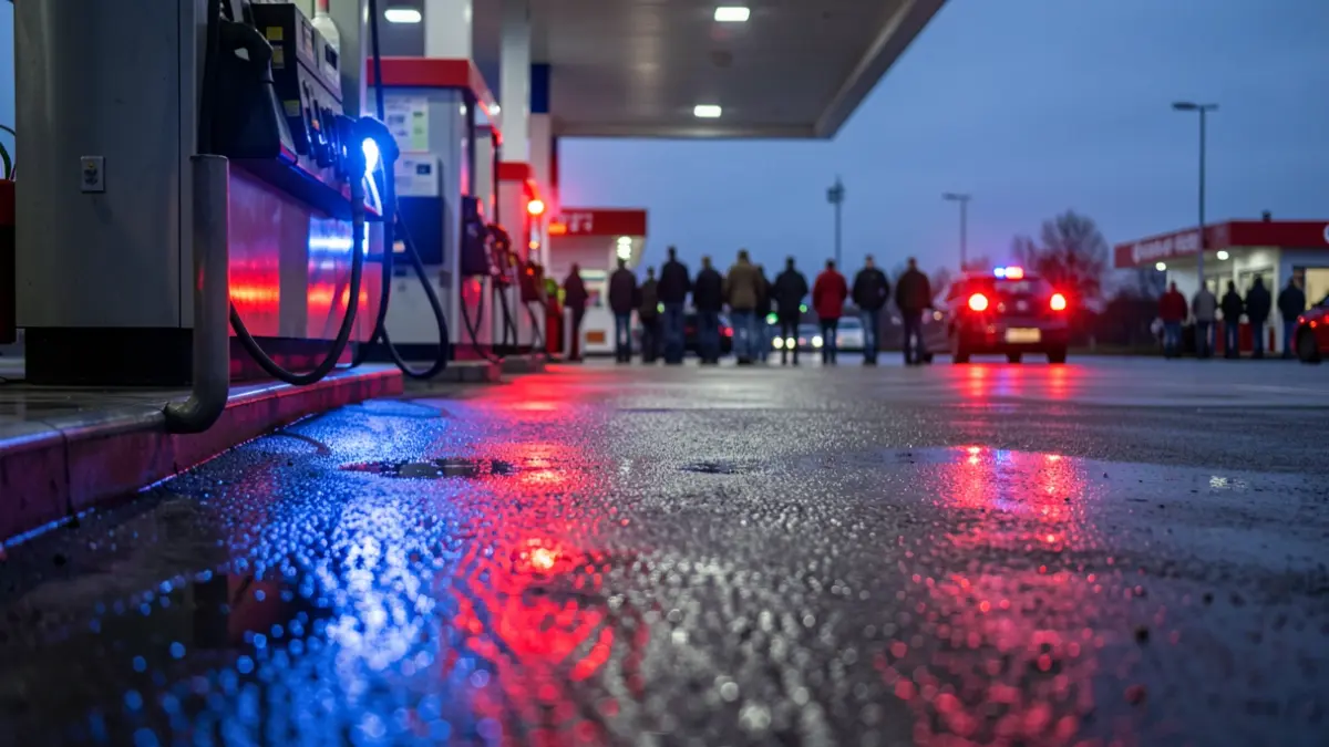 Generic image of gas station pumps with emergency lights reflected on wet asphalt.