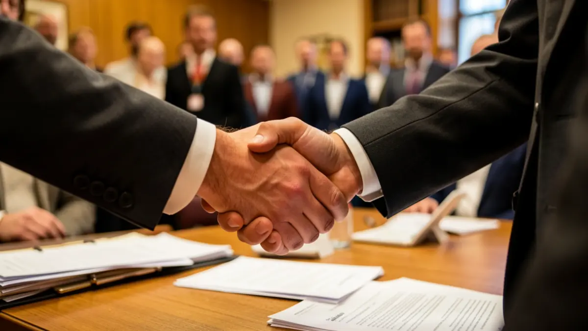 Generic image: handshake between two people in formal attire, warm office lighting.