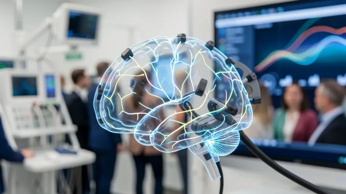 Imagen de una interfaz cerebro-ordenador con detalles tecnológicos y tono esperanzador.