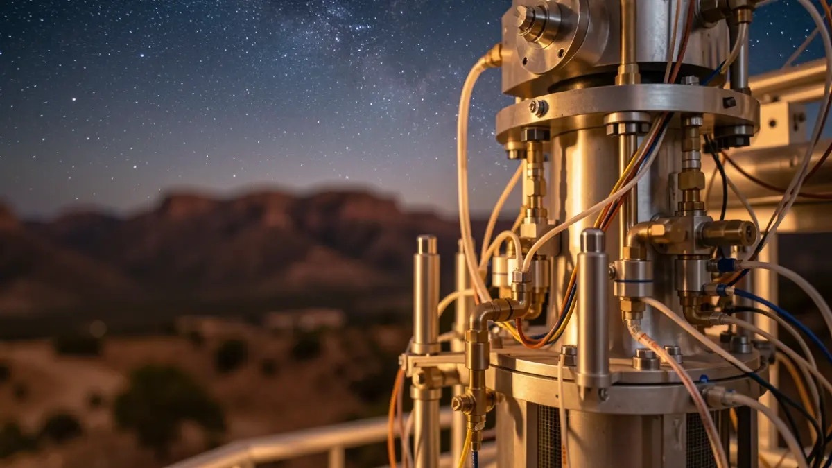 Imagen de un detector científico avanzado en el Observatorio de Calar Alto, Almería, con el cielo nocturno de fondo.