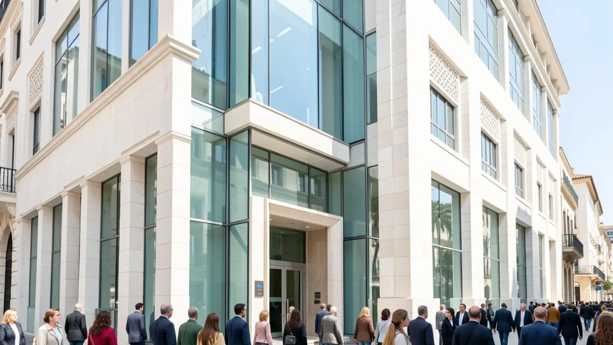 Facade of a modern institutional building with Andalusian architectural elements.