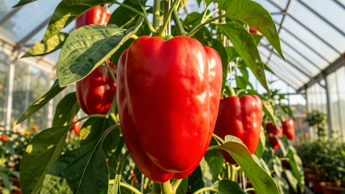 Close-up of a giant red bell pepper plant in a greenhouse in Andalusia.