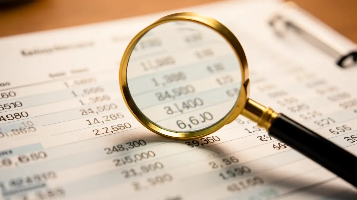 Generic image of a financial investigation with a ledger and a magnifying glass.