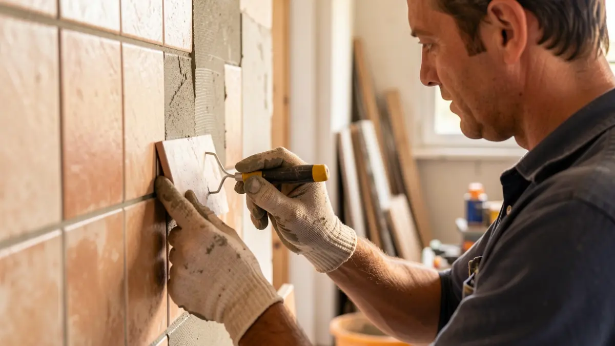 Close-up of ceramic tiles being applied by a worker on a construction site.