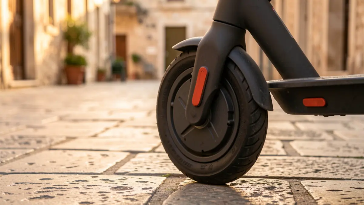 Imagen genérica de una rueda de patinete eléctrico en una acera de piedra.