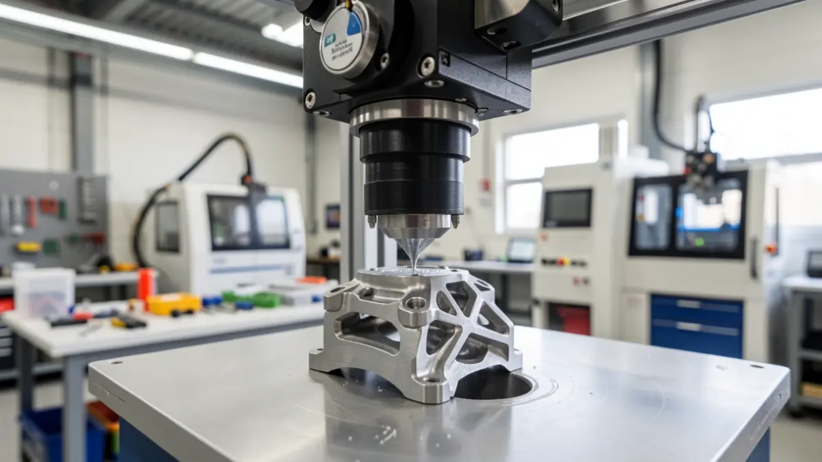 Close-up of a 3D printer manufacturing a complex metal part in a modern workshop.