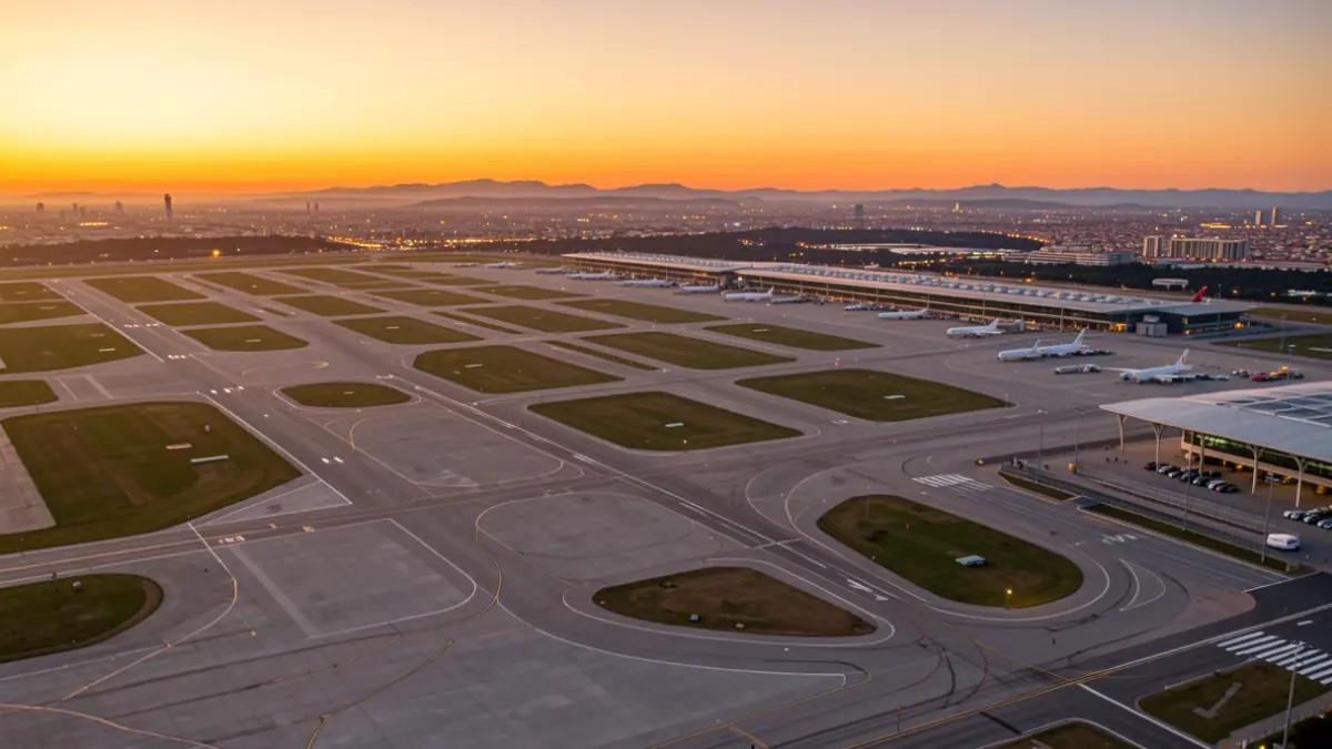 Vista aérea del aeropuerto de Barcelona-El Prat al atardecer.