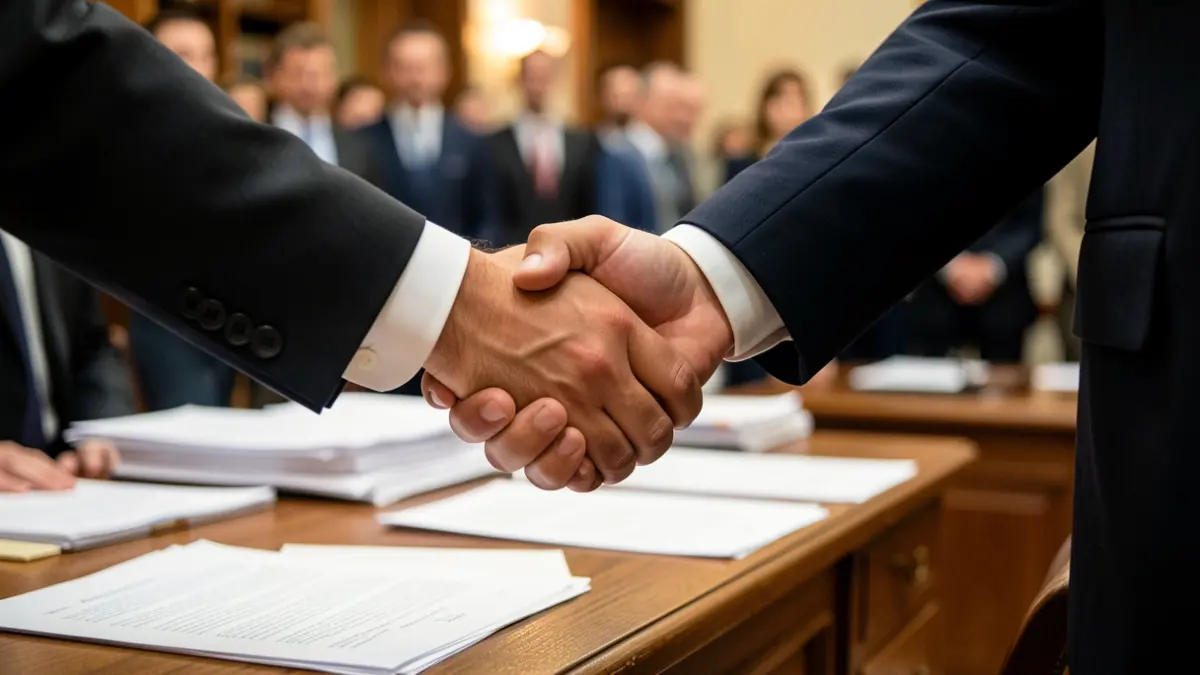 Imagen genérica de dos personas dándose la mano sobre una mesa de oficina.