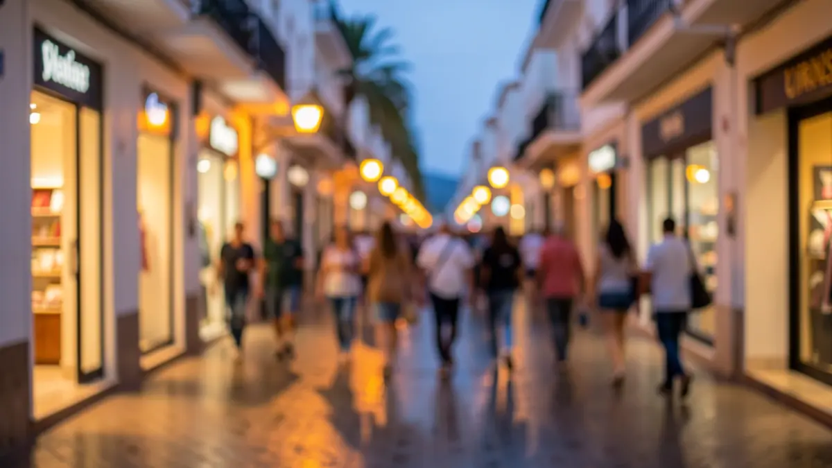 Imagen genérica de una calle comercial en Canarias al atardecer, con luces cálidas y pavimento mojado.