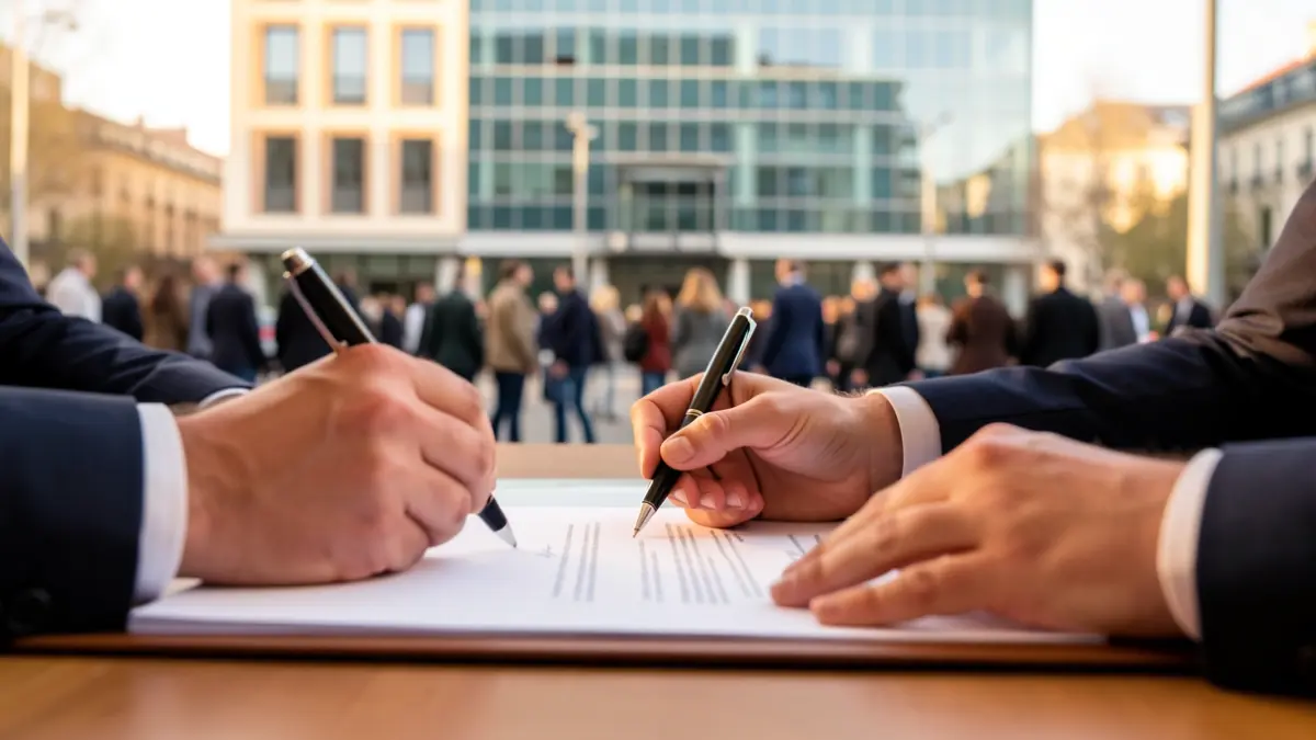 Imagen genérica de manos firmando un documento en una oficina.