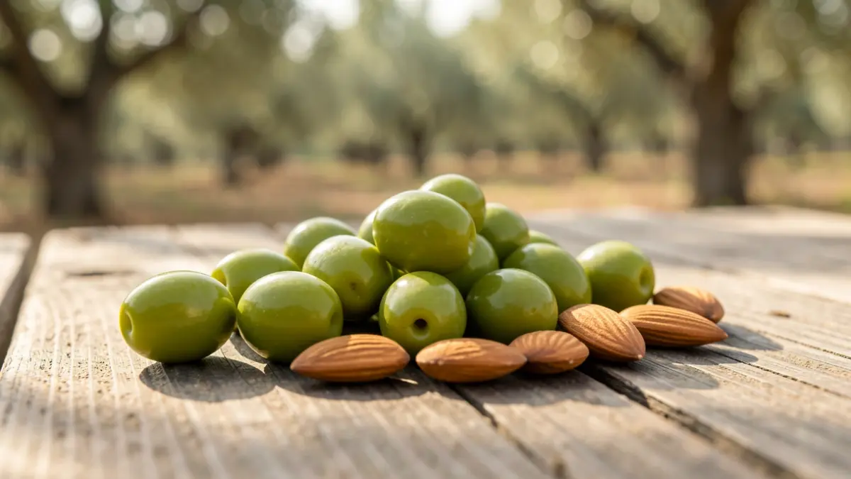 Generic image of agricultural products like olives and almonds on a wooden table.