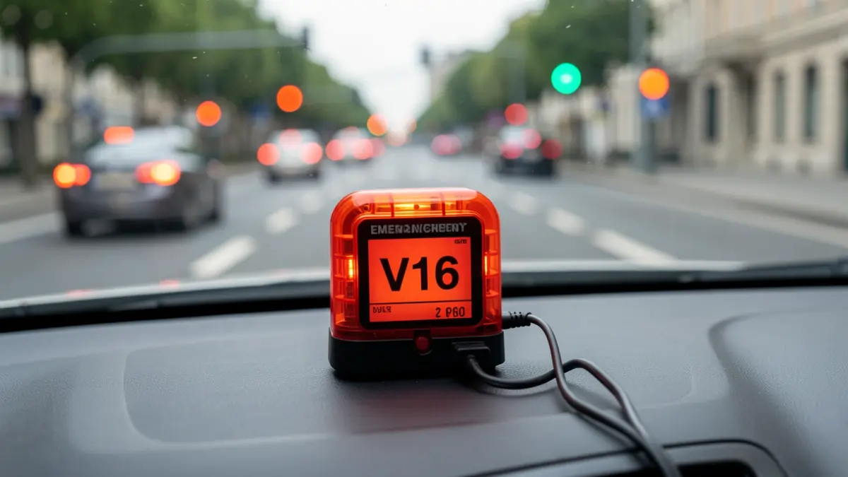 Primer plano de una baliza V16 conectada en el salpicadero de un coche, con la carretera y luces de tráfico borrosas al fondo.