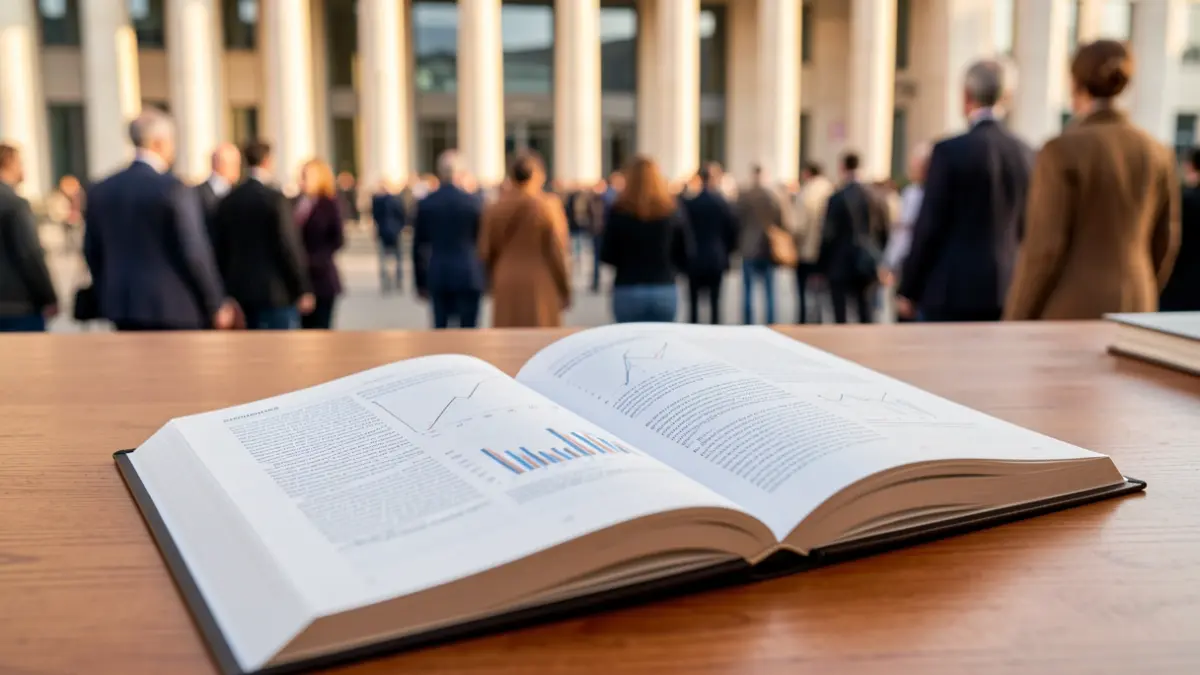Generic image of an open book on a table with an institutional building in the background.