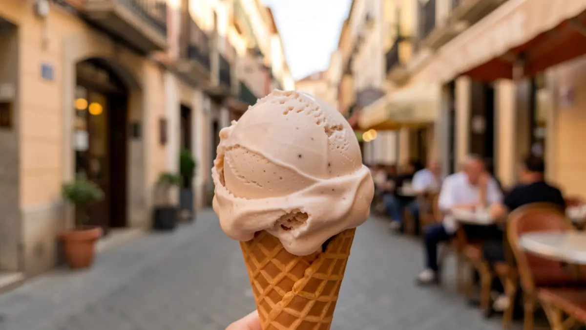Close-up of an artisanal Italian gelato in a cone, with a blurred Madrid street in the background.