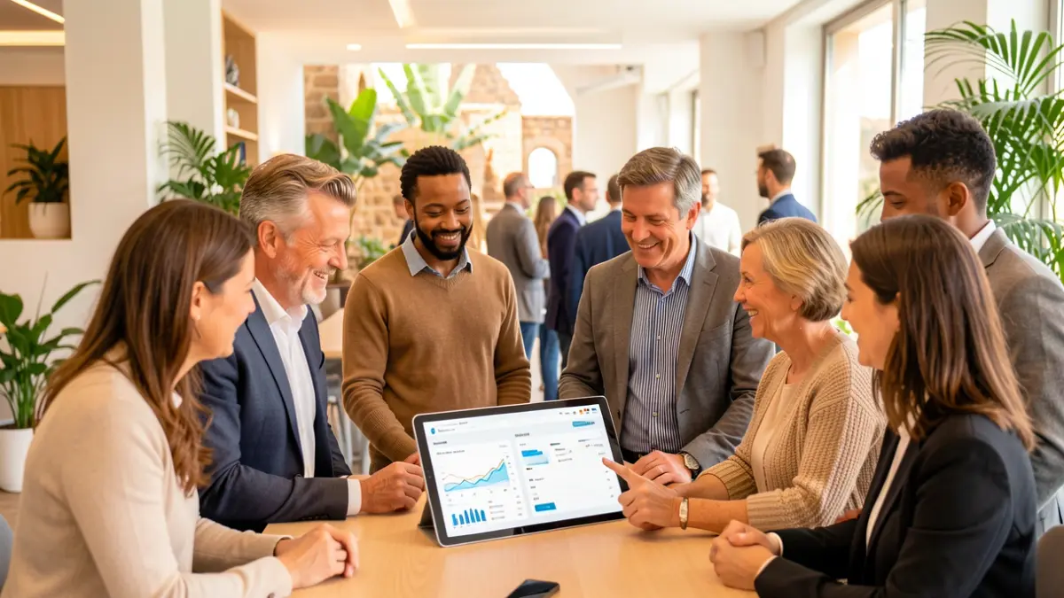 Generic image of Canarian business owners reviewing customer data on a tablet.