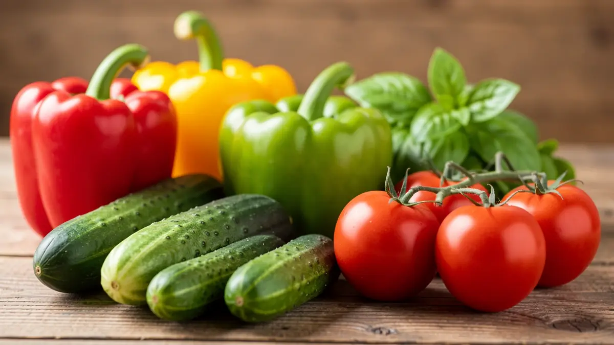 Close-up of fresh bell peppers, cucumbers, and tomatoes arranged on a rustic wooden surface.