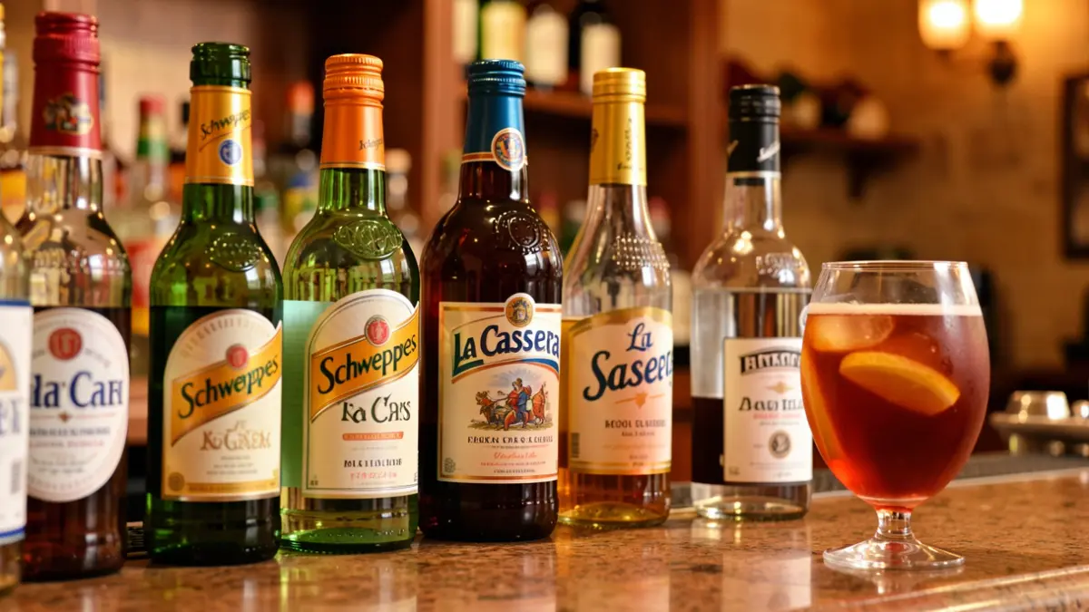 Primer plano de una barra de bar con botellas de bebidas y un tinto de verano.