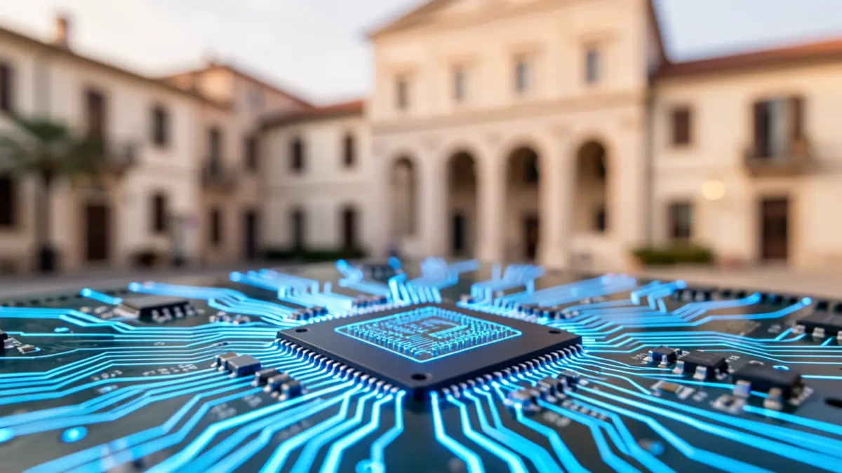 Generic image of a digital circuit representing artificial intelligence with a town hall in the background.