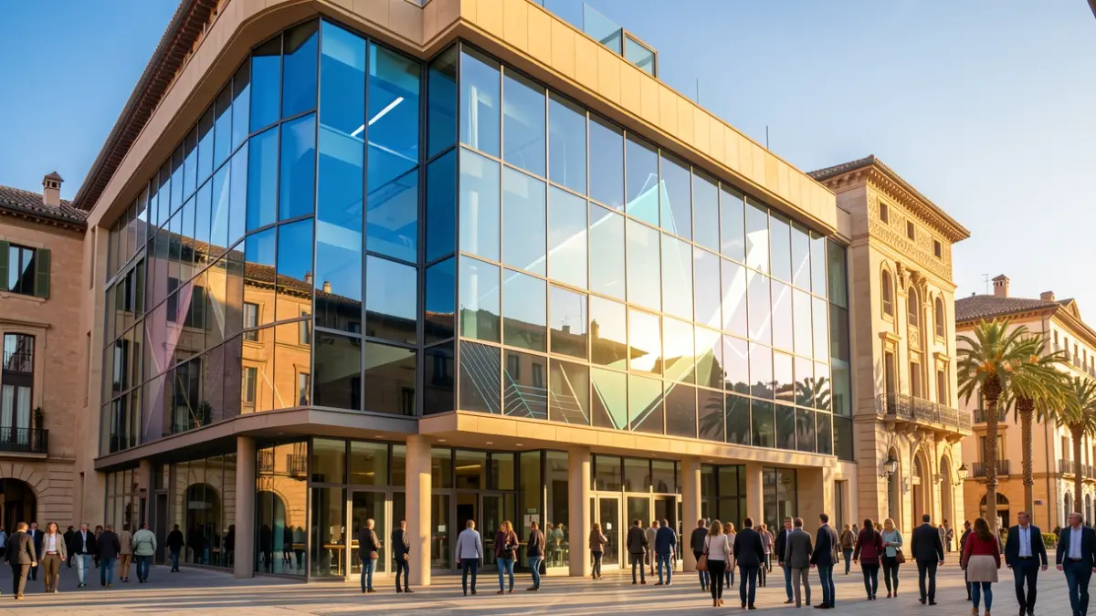 Facade of a modern business school with Andalusian architectural elements and technology reflections.