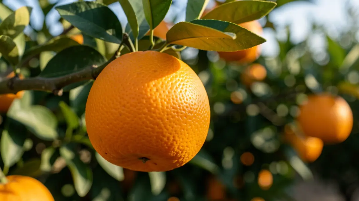 Naranja valenciana recién cosechada en un árbol.
