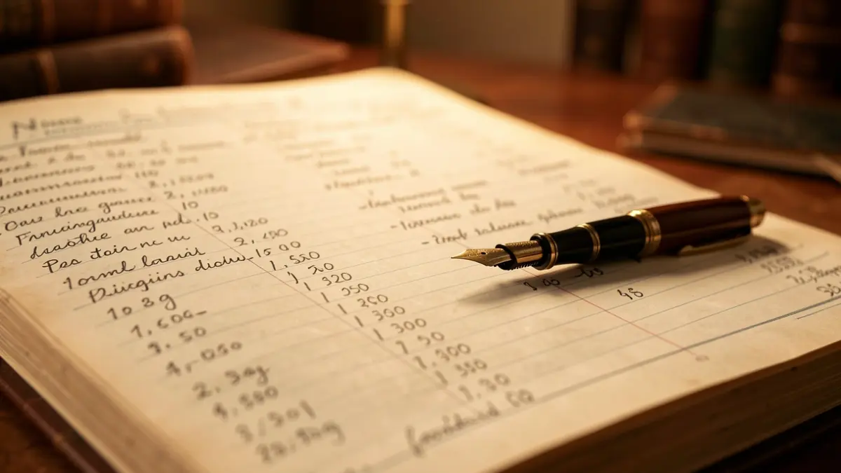 Image of an old accounting book with financial entries and a pen.