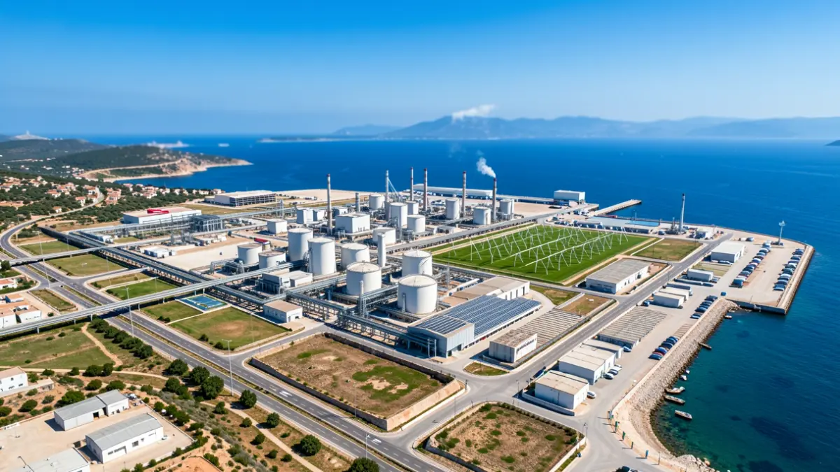 Vista aérea de un complejo industrial en la costa andaluza con plantas químicas e infraestructuras energéticas.