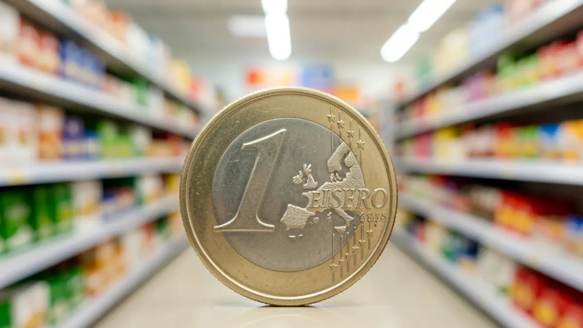 Generic image of a Spanish euro coin with a blurred supermarket aisle in the background.