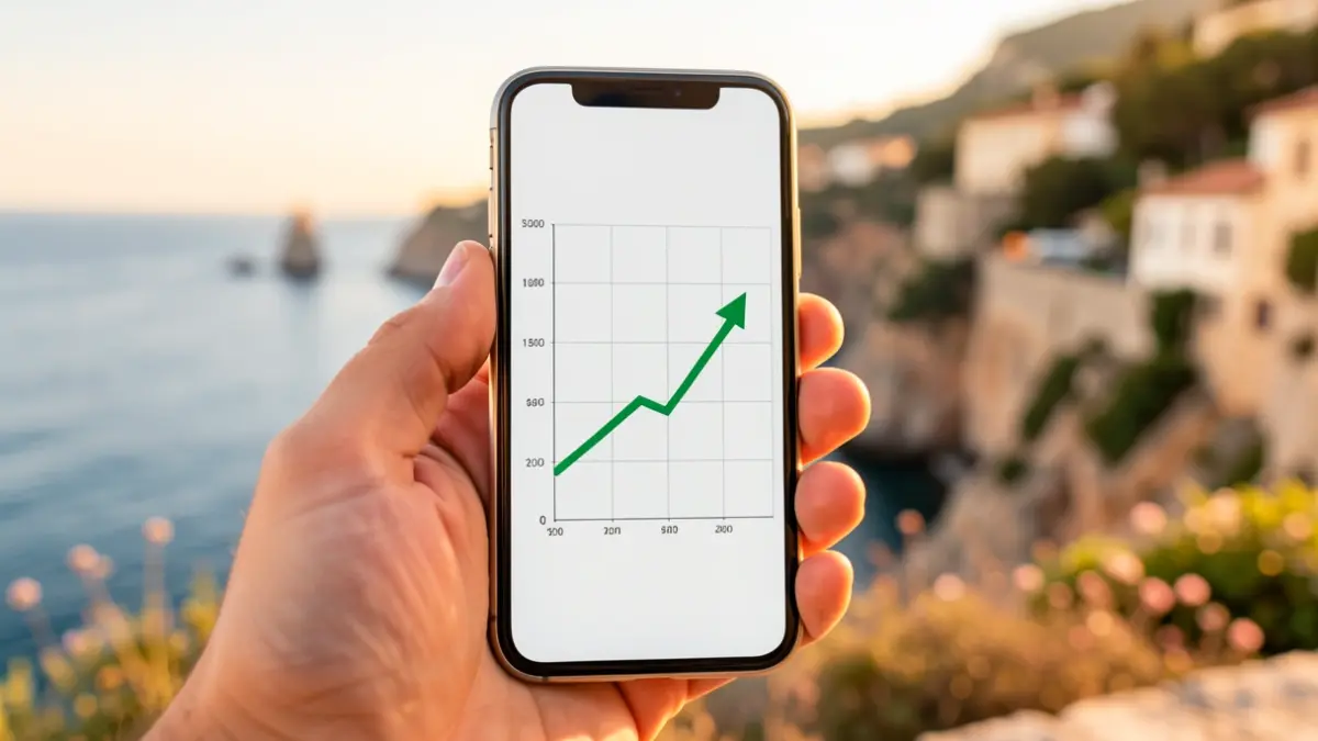 Generic image of an economic graph on a mobile phone with the sea in the background.