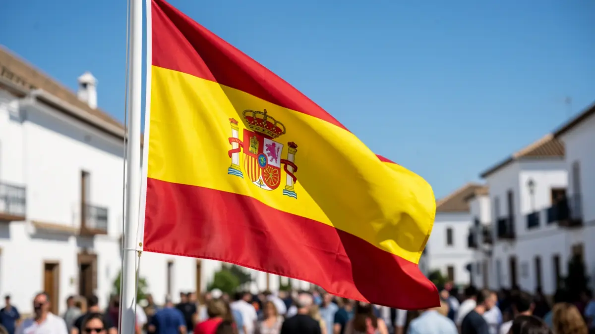 Bandera de España ondeando con arquitectura andaluza desenfocada al fondo.