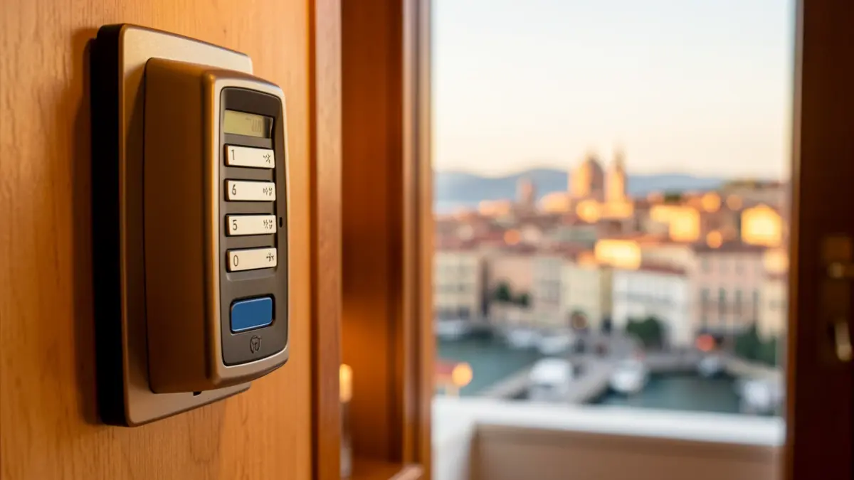 Generic image of a hotel key card dispenser with a blurred Mediterranean city skyline in the background.