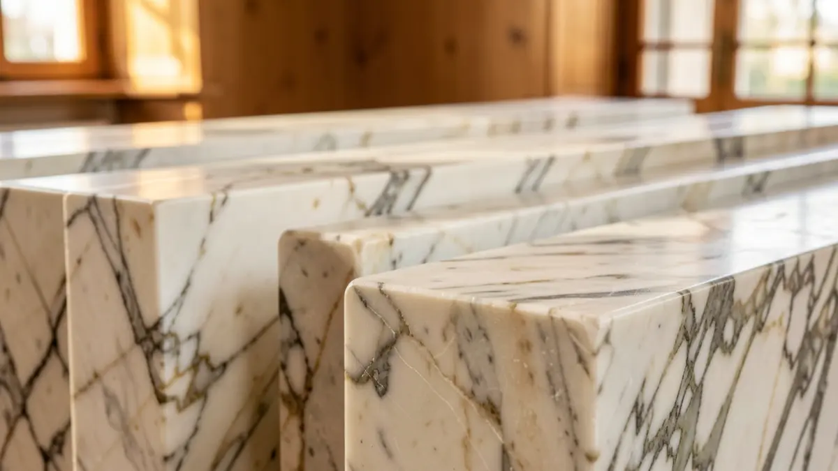 Close-up of polished marble slabs with intricate veining, showcasing the natural beauty of stone.