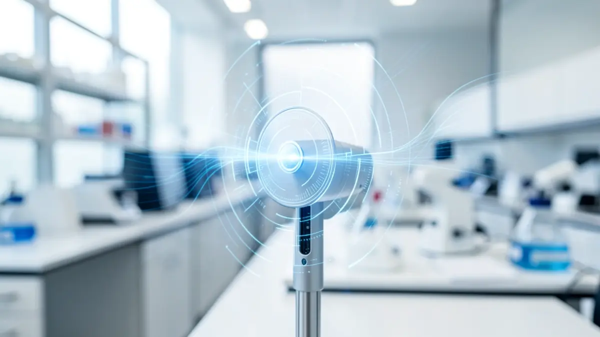 Antena futurista emitiendo ondas con patrones digitales abstractos en un laboratorio.