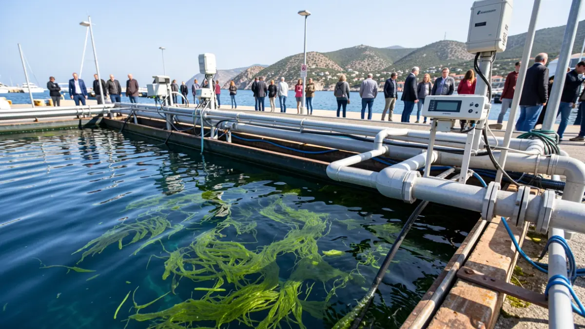 Imagen de un sistema de biorremediación con microalgas en aguas portuarias.