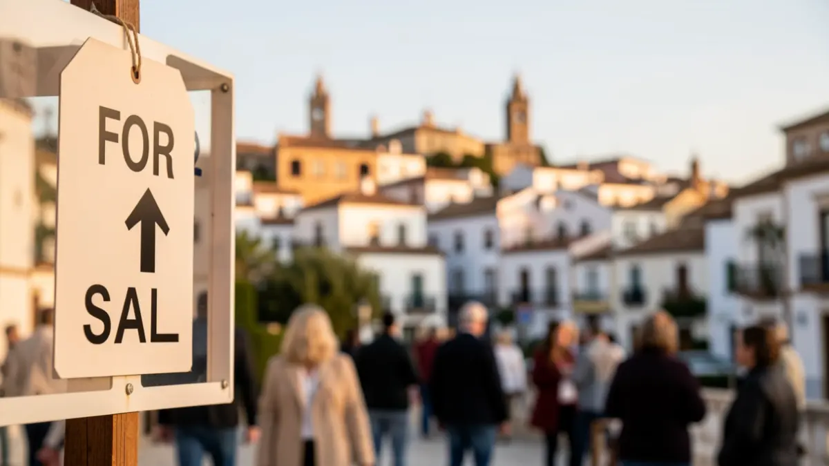 Imagen genérica de un cartel de 'Se Vende' inmobiliario con un paisaje urbano andaluz desenfocado.