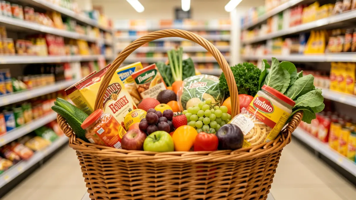 Generic image of a grocery basket full of food products.