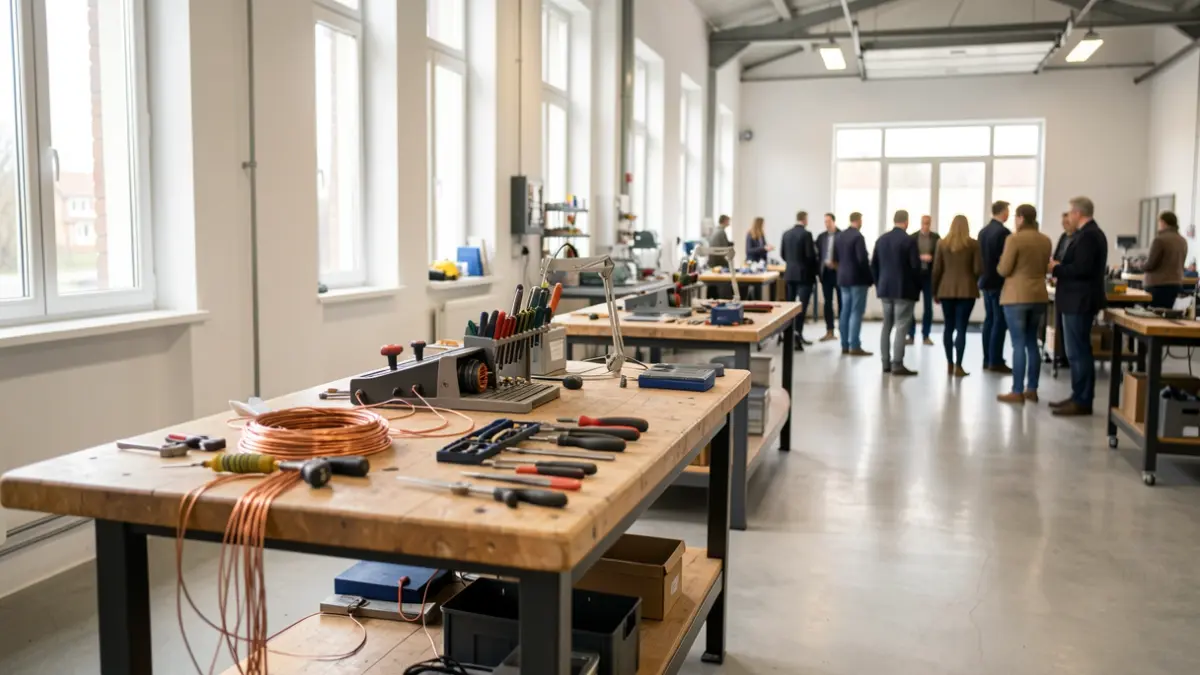 Espacio de trabajo industrial con luz natural y herramientas especializadas.