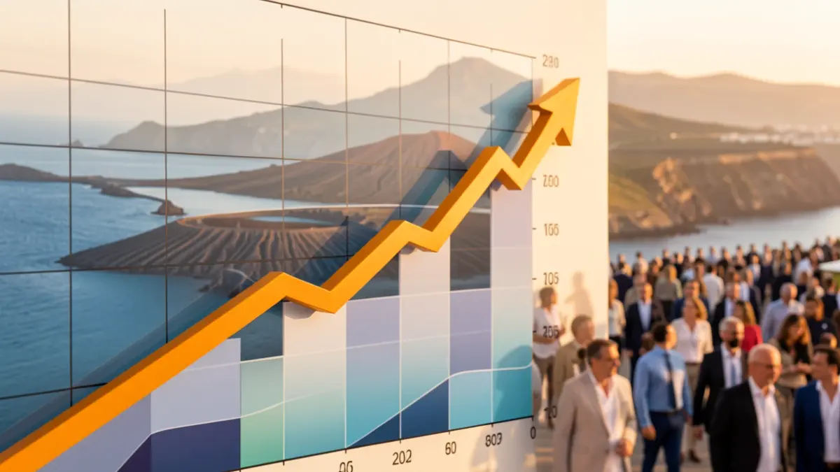 Abstract graph of economic growth and employment with Canarias volcanic and marine tones.