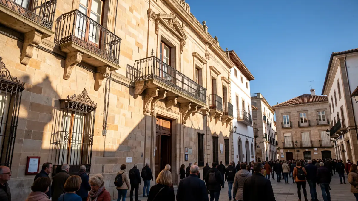 Fachada de piedra de un ayuntamiento canario con balcón y barandillas de hierro, luz cálida de la tarde.